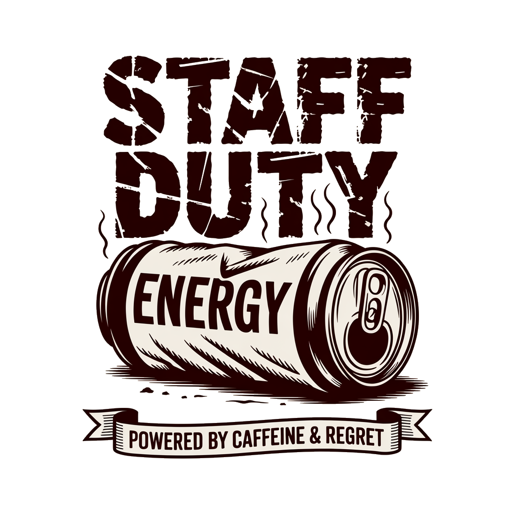 Staff Duty powered by caffeine and regret graphic tee design, funny army CQ humor
