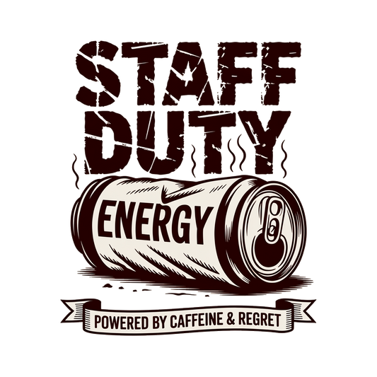 Staff Duty powered by caffeine and regret graphic tee design, funny army CQ humor