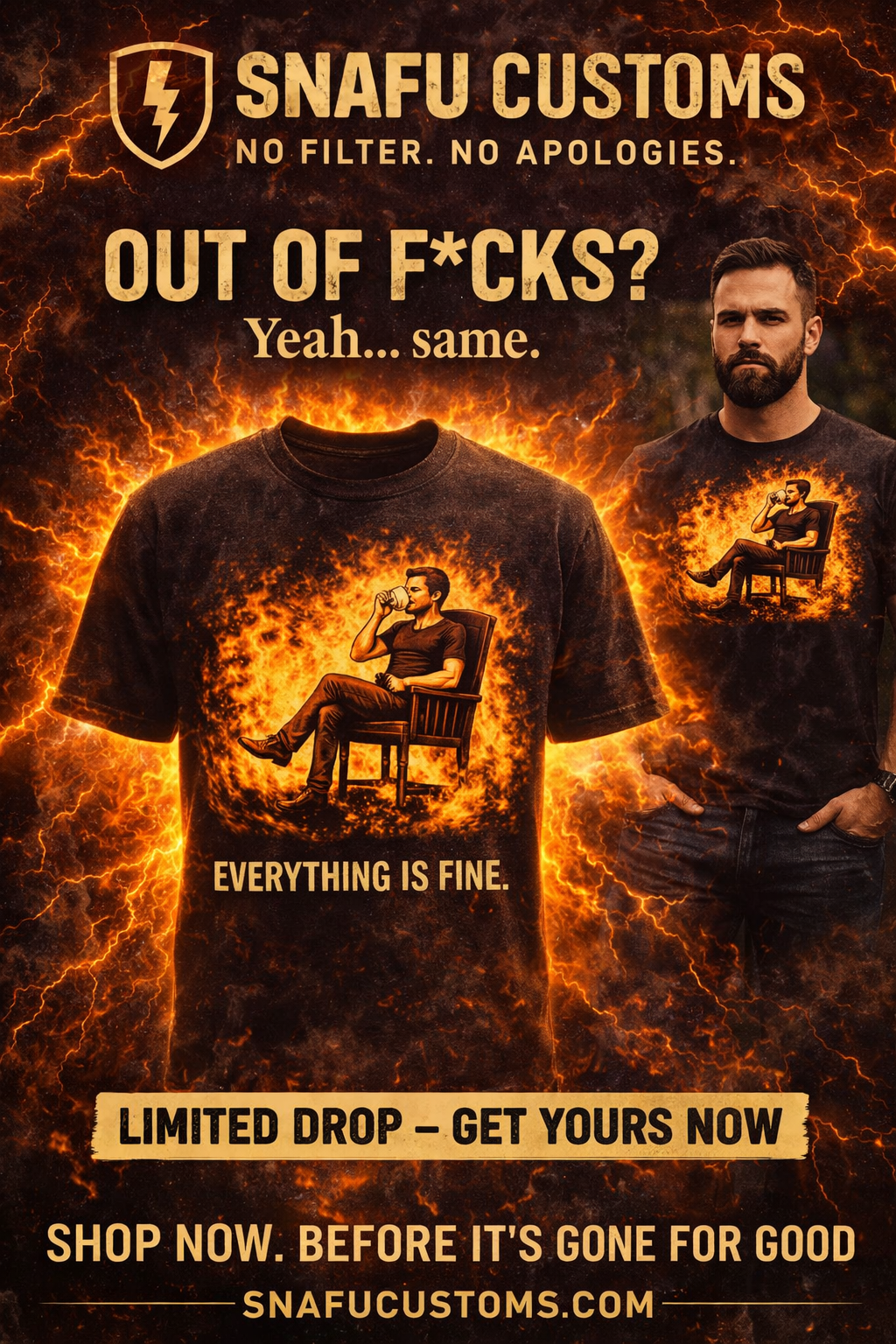 Out of F*cks “Everything Is Fine” T-Shirt | Dark Humor Graphic Tee | Military Sarcasm Shirt | SNAFU Customs SNAFU Customs