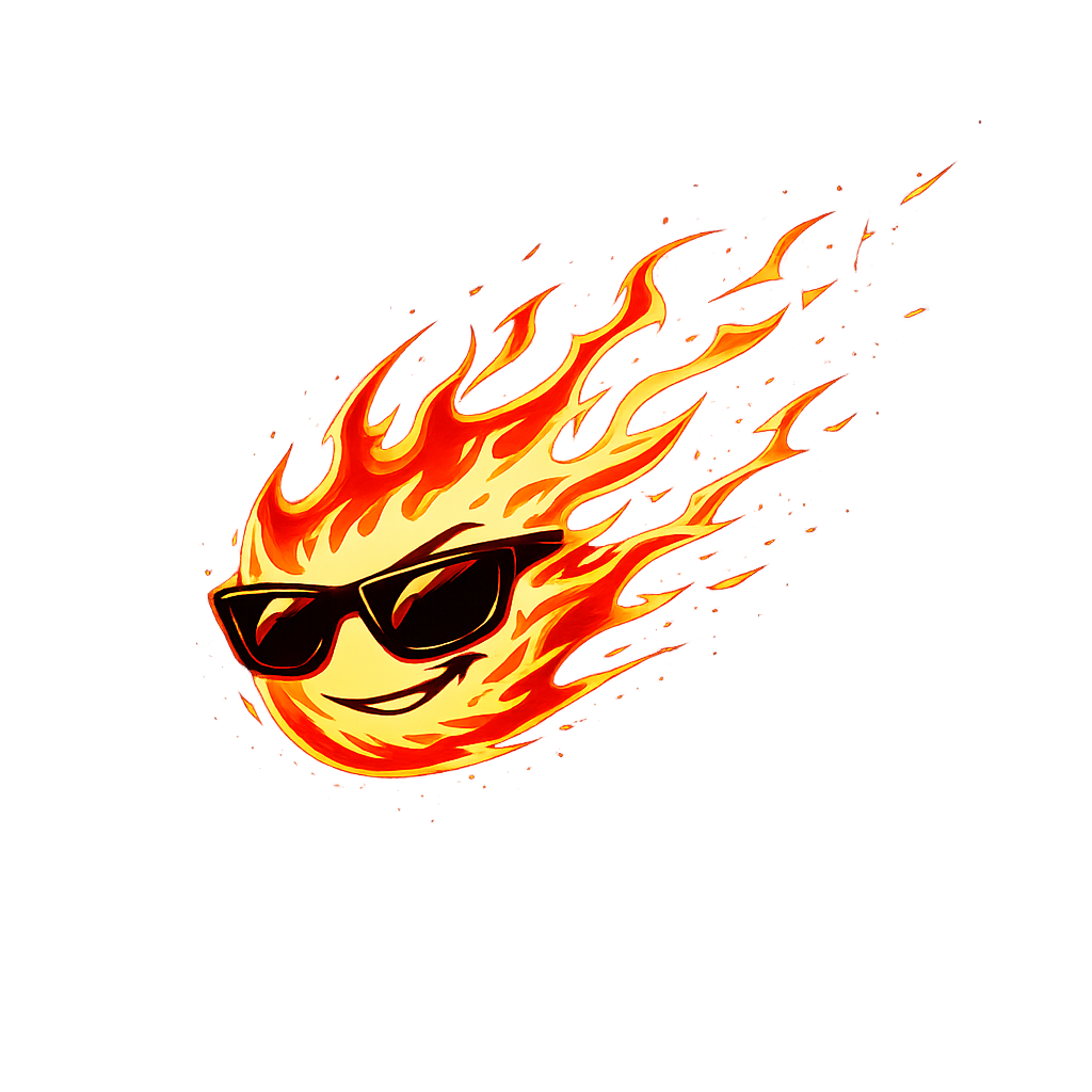 Sarcastic fiery flame icon with cool attitude representing maxed-out dark humor on custom DTF transfers