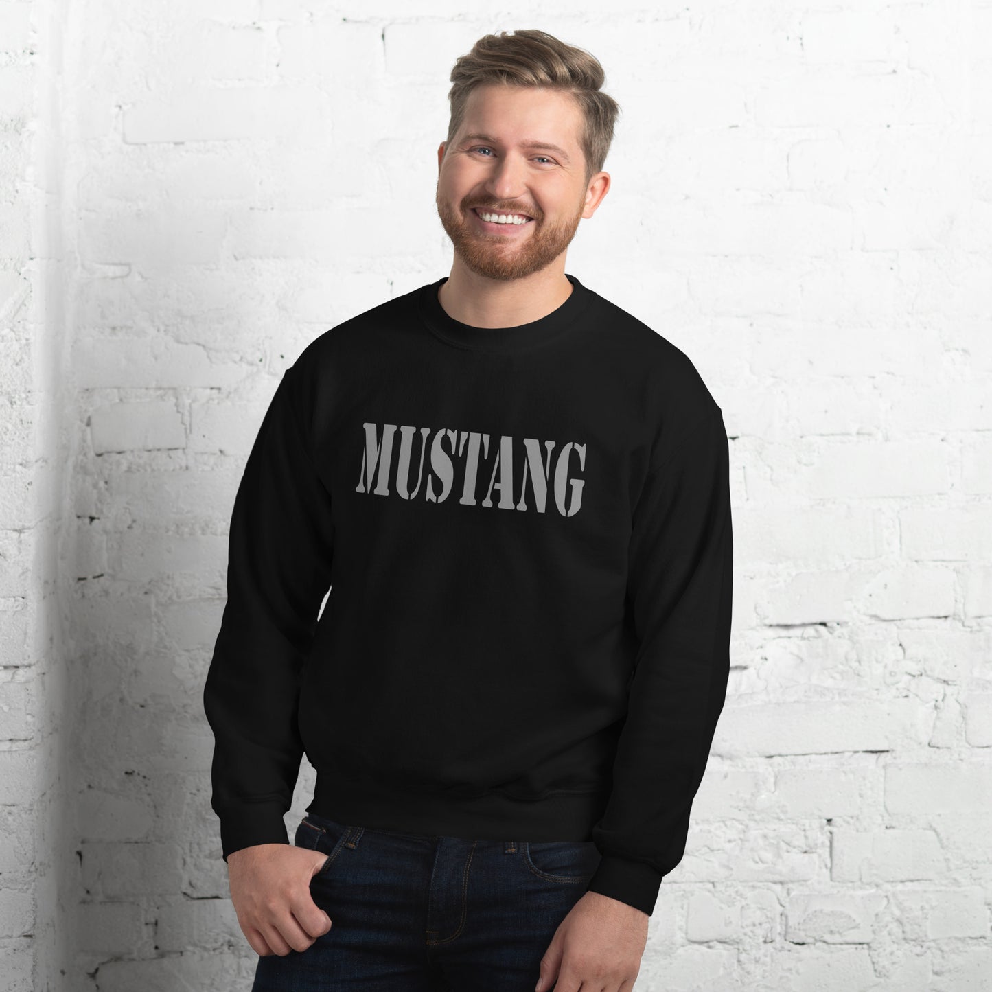 Mustang OC/T black crewneck sweatshirt front view with MUSTANG text design