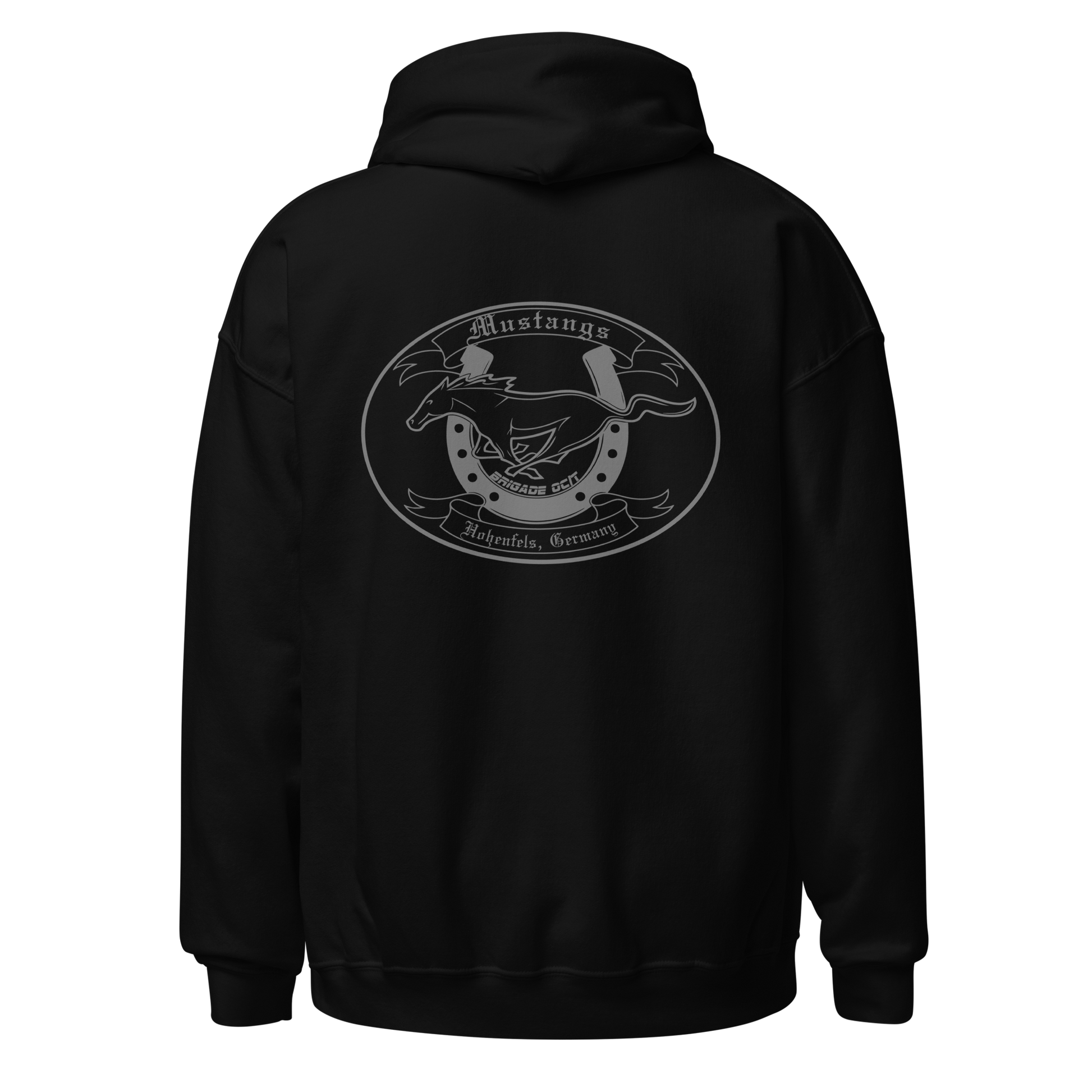 mustang hoodie female back view black military hoodie