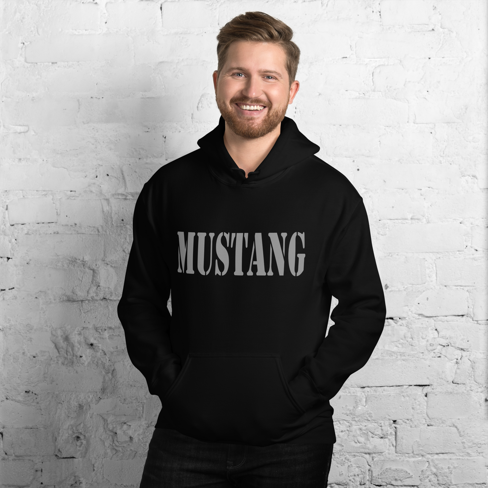 mustang hoodie male front view smiling black military hoodie